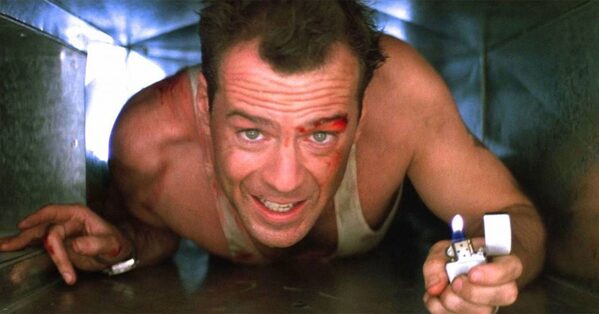 Christmas movie facts, fun holiday movie trivia, films, die hard bruce willis in the vent with lighter