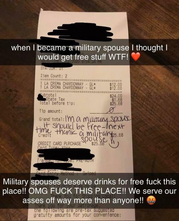 karens being karen, entitled woman leaves no tip because she's a military wife