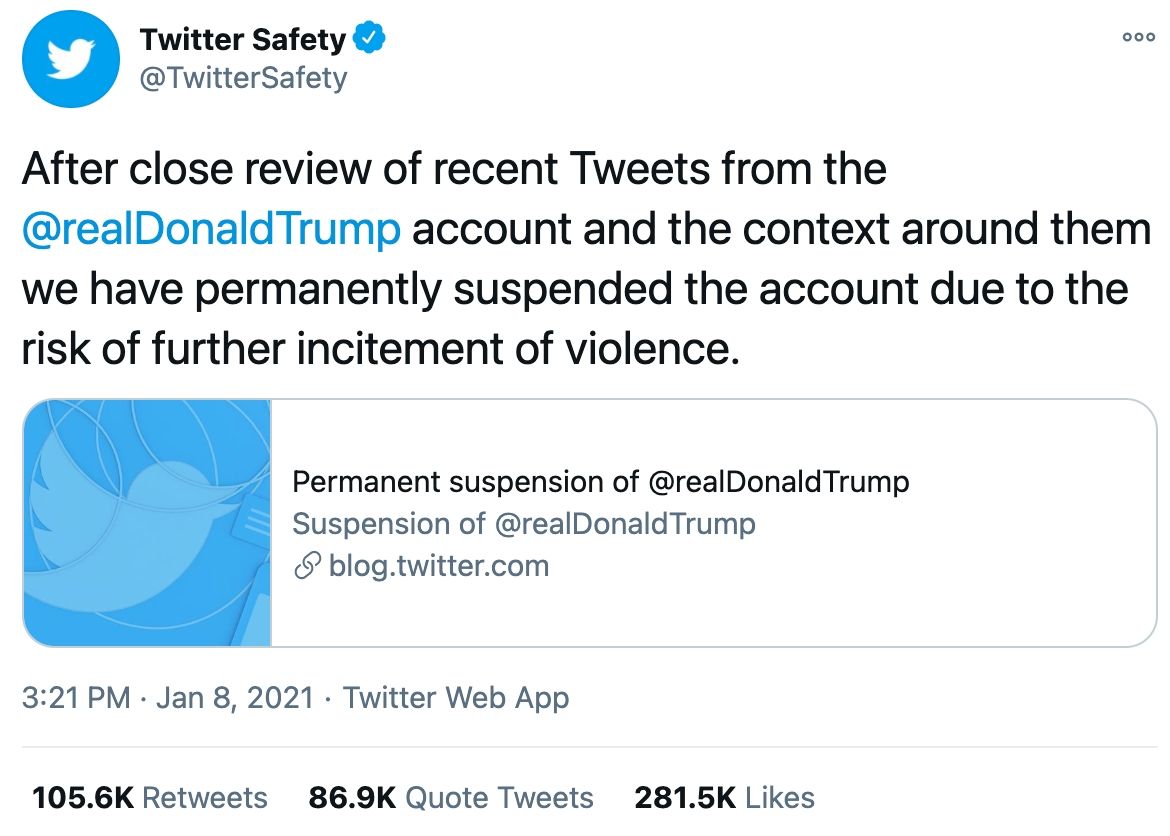 after close review of tweets from trump we have permanently disabled his account.