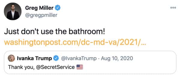 Ivanka Trump and Jared Kushner refuse to let secret service use their bathrooms, twitter reactions to news, Trump mansion toilets, funny tweets