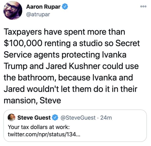 Ivanka Trump and Jared Kushner refuse to let secret service use their bathrooms, twitter reactions to news, Trump mansion toilets, funny tweets