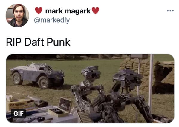 Daft Punk splitting up reactions, funny tweets about Daft Punk, electronic music, EDM, RIP Daft Punk, tributes, band, music, funny jokes about robots