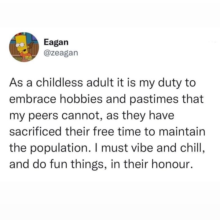 As a childless adult it is my duty to embrace hobbies and pastimes that my peers cannot, as they have sacrificed their free time to maintain the population. I must vibe and chill, and do fun things, in their honour.