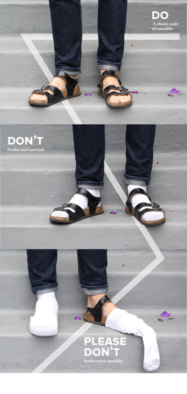 Mens fashion dos and donts, please donts, funny parody of fashion, mens clothing, fashion fails, weird clothes, parody, humor, funny jokes about menswear