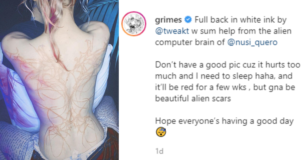 Elon Musks topless lover Grimes unveils gruelling process for alien  tattoo  Mirror Online