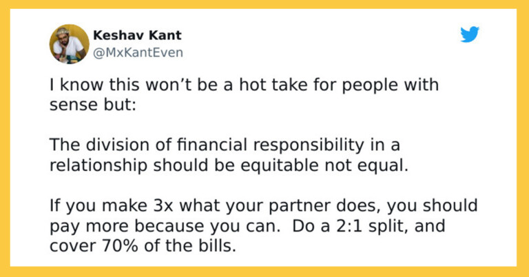 People Are Fiercely Debating Whether Splitting Bills 50/50 Is Fair If One Person Makes More Money