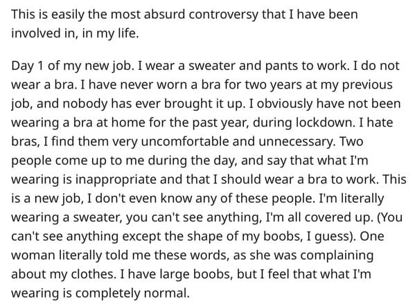 Woman Asks AITA For Not Wearing A Bra At Work After Being Asked