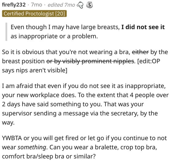 Woman Asks AITA For Not Wearing A Bra At Work After Being Asked