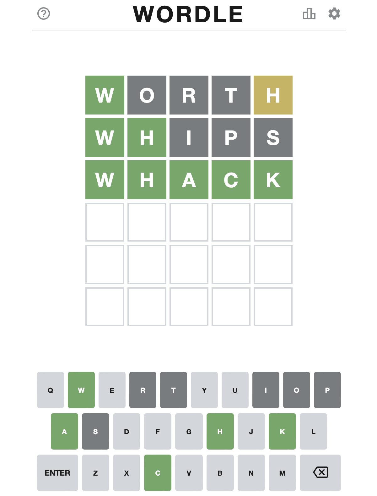 Example of a Wordle board showing 5-letter words, in this case "Whack", black squares, yellow squares and green squares, which indicated how close you are to solving the puzzle