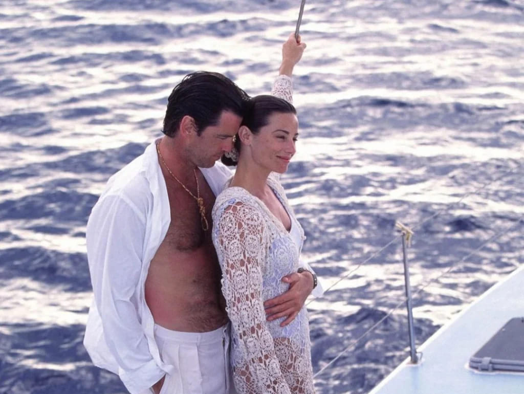 pierce brosnan and his wife Keely on a boat in 1994