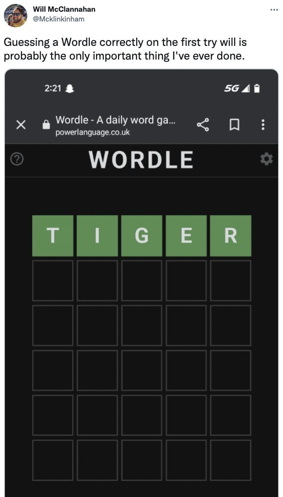 guessing wordle right first time - tiger