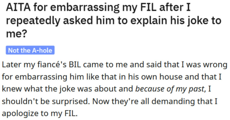 Former Escort Embarrasses Father-In-Law By Repeatedly Asking Him To Explain ‘Joke’ About Her Past, Asks AITA