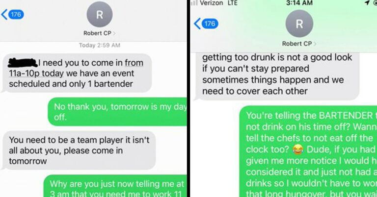 ‘Eat. My. A**’—Boss Tells Bartender To Come In On Day Off—Then Backpedals When They Quit
