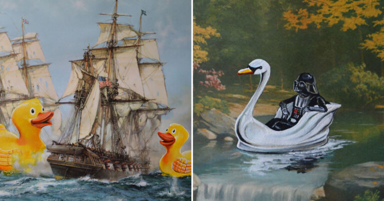 This Artist Buys Unwanted Thrift Store Art And Adds His Own Funny Twists (25+ Pics)