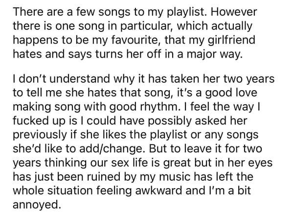 Woman Tells Boyfriend The Music He Plays During Sex Is A Major Turnoff, The Internet Agrees