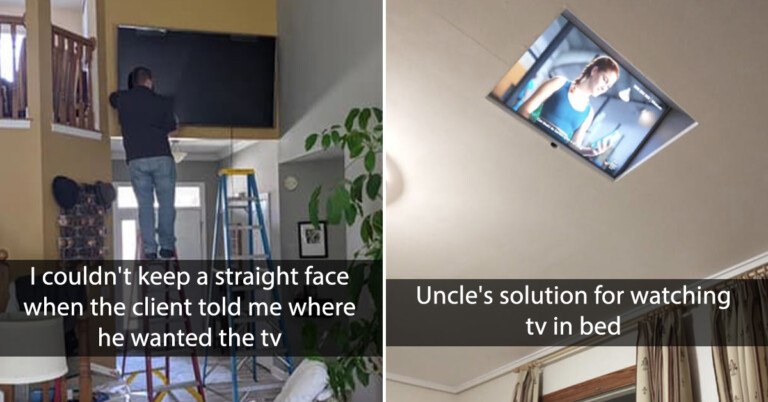 People Are Sharing TVs That Are Mounted Just Insanely, Comically Too High And How Can People Live Like This? (25 Pics)