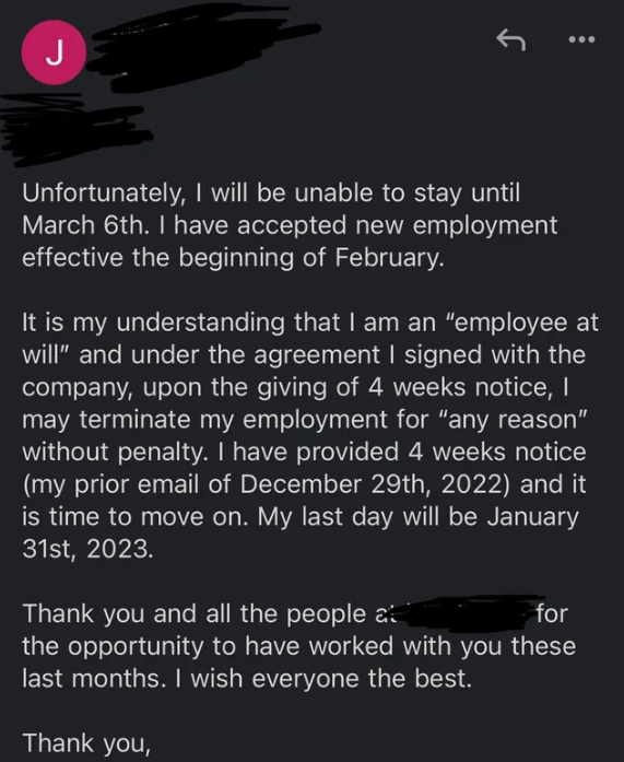 boss refuses employee's resignation