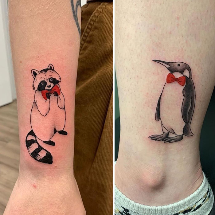 best friend tattoos - raccoon and penguin
