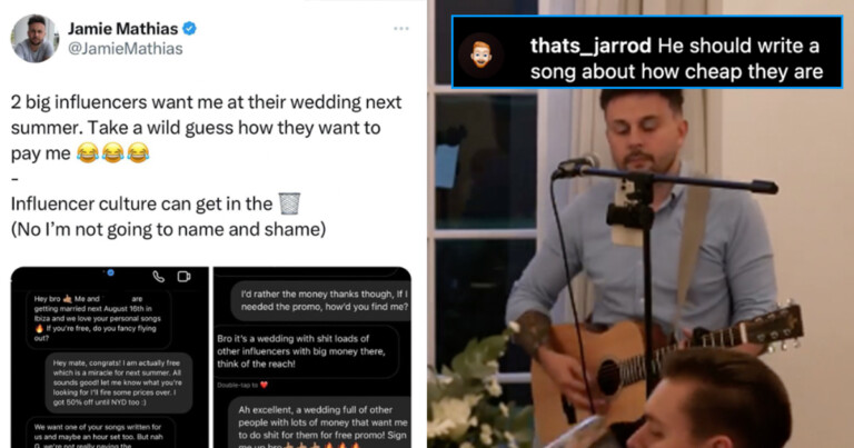 Influencer Couple Asks Pro Musician To Write Them An Original Wedding Song For No Money, Only “Reach”