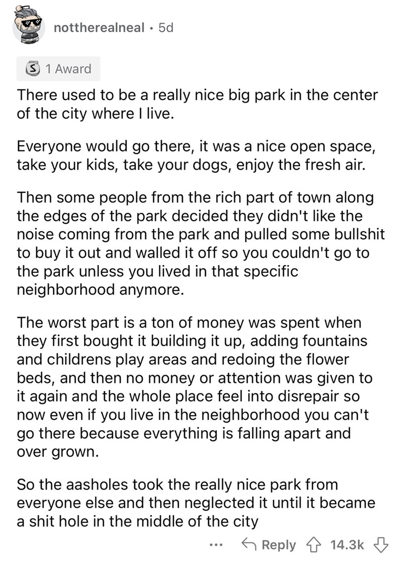 things rich people ruined - big public parks